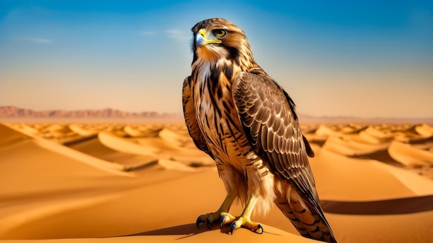 Oiseau de proie peut-être faucon perché sur une dune de sable