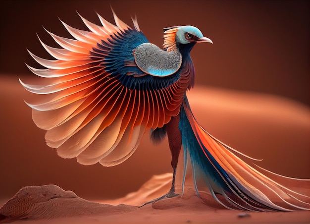 Un oiseau avec une queue rouge et bleue est représenté.