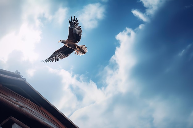 Un oiseau qui vole dans le ciel avec le soleil qui brille dessus.