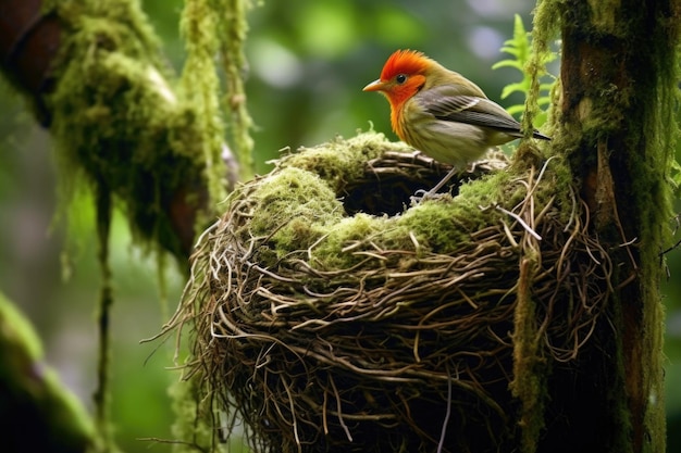 Oiseau rare perché près de son nid dans un habitat naturel créé avec une IA générative