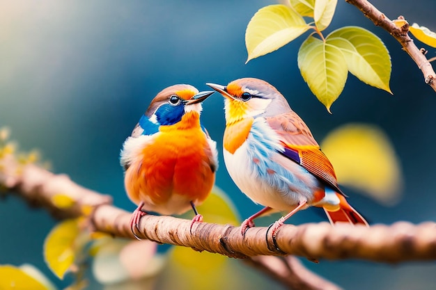 Oiseau Robin Mignon petit couple de printemps oiseaux avec des plumes colorées sur une branche d'arbre ai générative