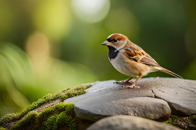 Un oiseau sur un rocher avec un fond vert