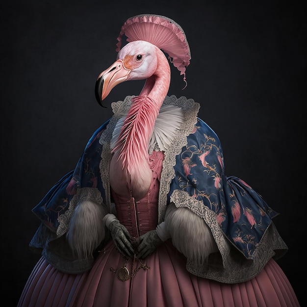 Un oiseau rose portant une robe rose et un chapeau avec un col à plumes roses.