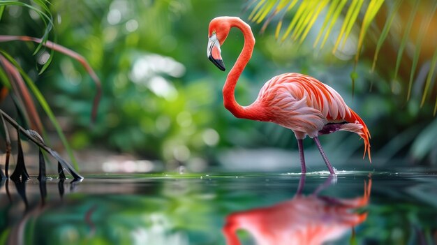 Photo l'oiseau rose vibrant du paradis tropical dans l'eau