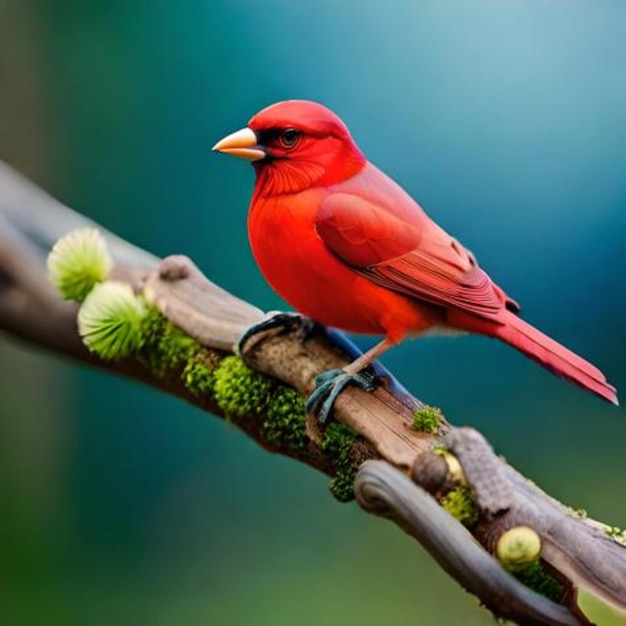 Un oiseau rouge avec un bec jaune est assis sur une branche.