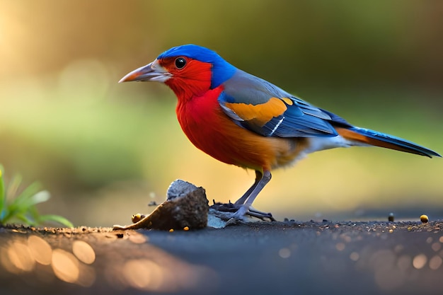 Un oiseau rouge et bleu avec un petit morceau de bois sur son bec