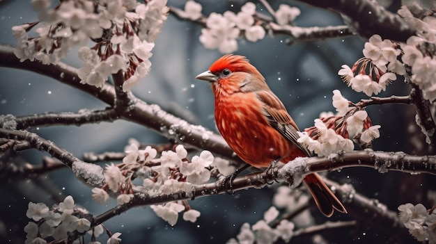 Un oiseau rouge est assis sur une branche avec des fleurs