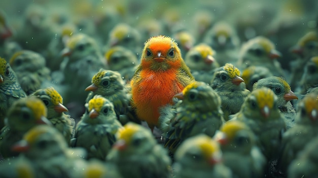 Un oiseau rouge parmi une foule d'oiseaux verts.