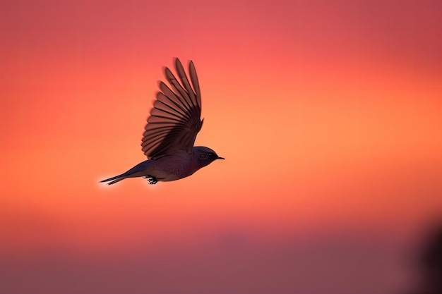 Oiseau rougequeue volant devant un ciel de coucher de soleil rose et violet créé avec une IA générative