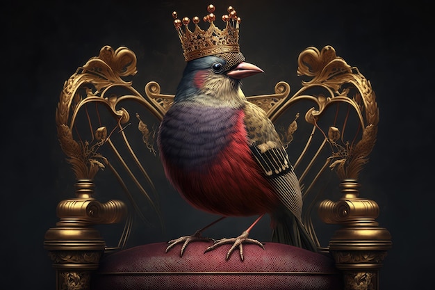 Oiseau royal assis sur un trône royal entouré d'une couronne et d'un sceptre dorés