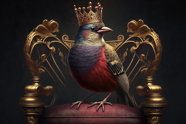 Photo oiseau royal assis sur un trône royal entouré d'une couronne et d'un sceptre dorés