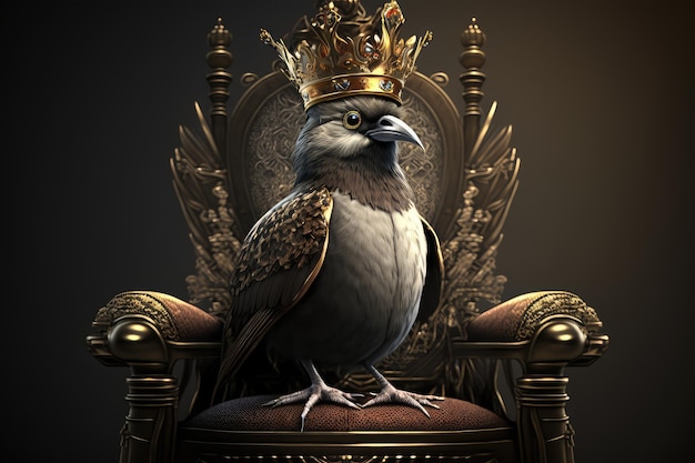 Photo oiseau royal assis sur un trône royal entouré d'une couronne et d'un sceptre dorés