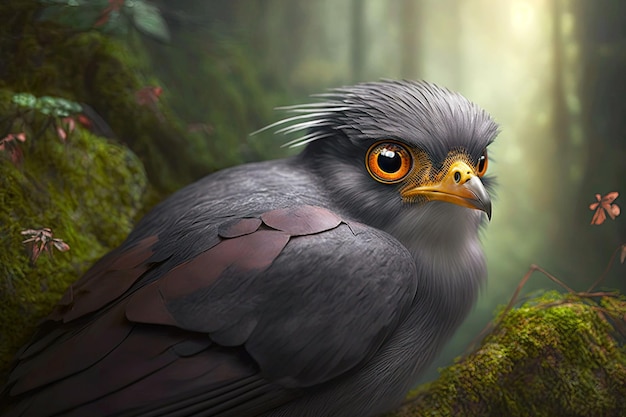 Oiseau royal gris avec de grands yeux ronds dans la forêt ai générative