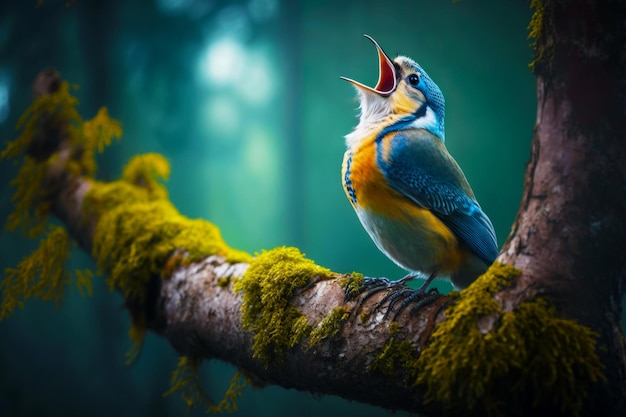 Oiseau avec sa bouche ouverte assis sur une branche avec de la mousse qui pousse dessus IA générative