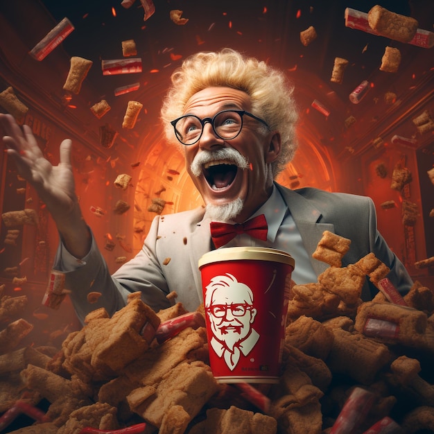 Photo oiseau sale kfc mangeant beaucoup de poulet et produits kfc ayant un ventre plutôt gros