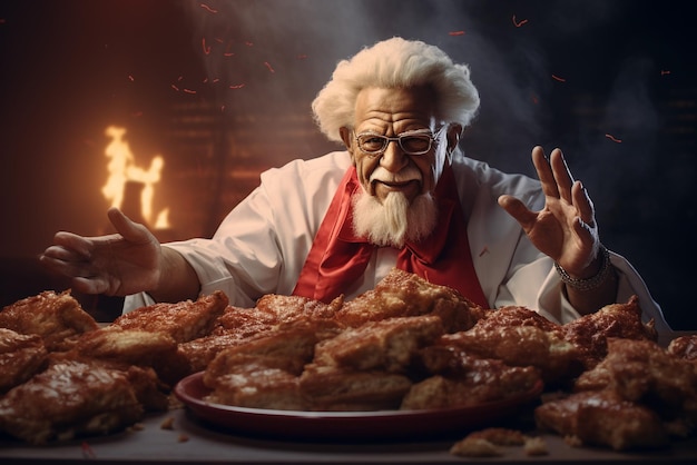 oiseau sale KFC mangeant beaucoup de poulet et produits KFC ayant un ventre plutôt gros