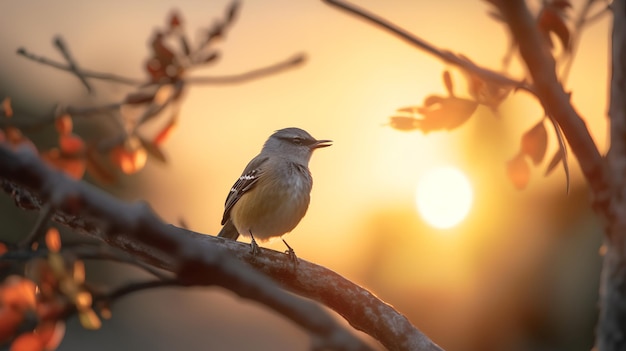 Un oiseau se pose sur une branche devant un coucher de soleil