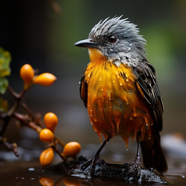 un oiseau se tient sur une branche sous la pluie