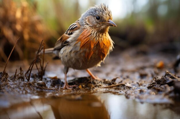 Photo un oiseau se tient dans la boue et a un reflet de lui