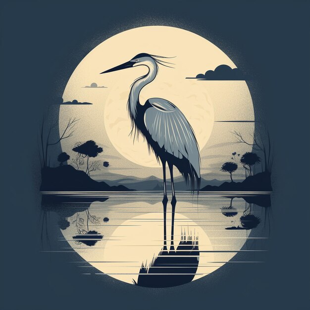 un oiseau se tient dans l'eau et regarde le reflet de la lune.