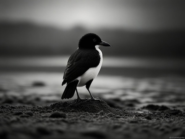 un oiseau se tient sur le sable et regarde la caméra