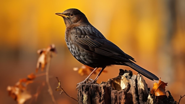 Photo un oiseau se tient sur un souche d'arbre avec les feuilles jaunes en arrière-plan