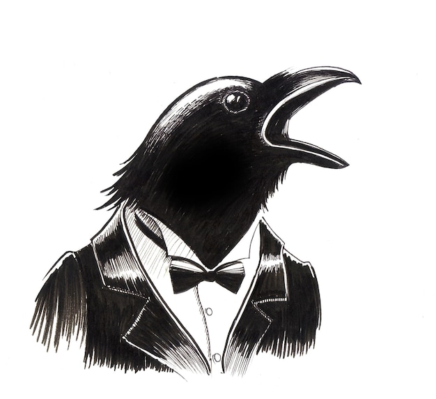 Oiseau de signature en costume. Dessin noir et blanc à l'encre