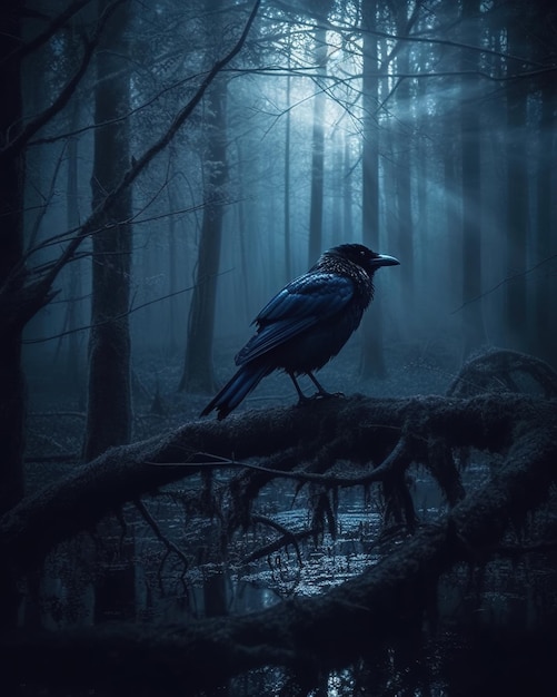 Un oiseau sombre dans une forêt sombre