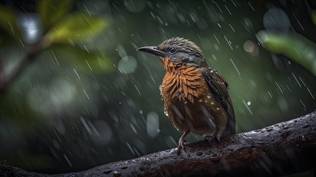 Un oiseau sous la pluie avec des gouttes de pluie