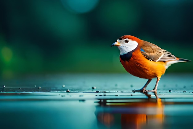 Un oiseau sur une surface mouillée