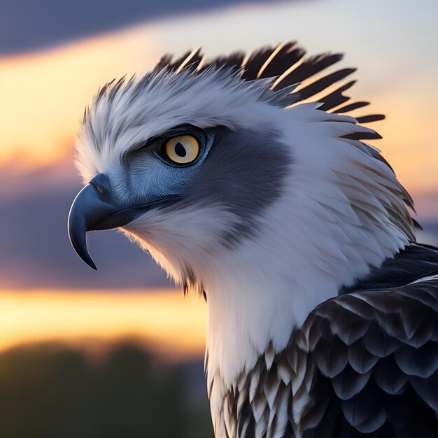 Un oiseau à tête blanche et noire et aux yeux jaunes se tient devant un coucher de soleil.