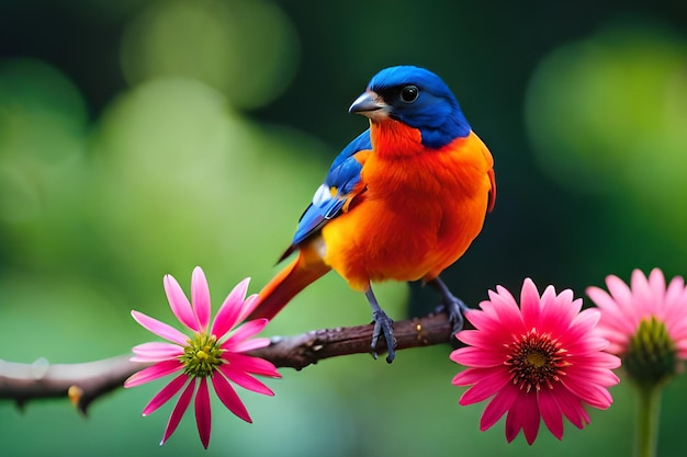 Un oiseau avec une tête bleu vif et des ailes orange est assis sur une branche avec des fleurs roses.