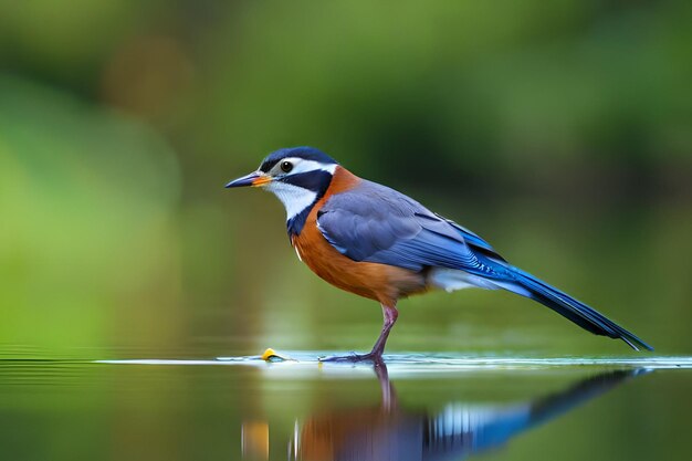 Un oiseau avec une tête bleue et des ailes bleues se dresse sur un lac.