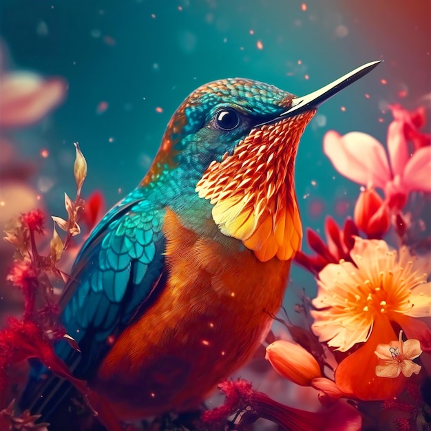 Un oiseau avec une tête bleue et des ailes orange est assis sur une branche avec des fleurs.