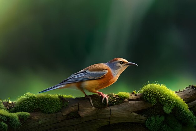 Un oiseau avec une tête bleue et des ailes orange est assis sur une branche.