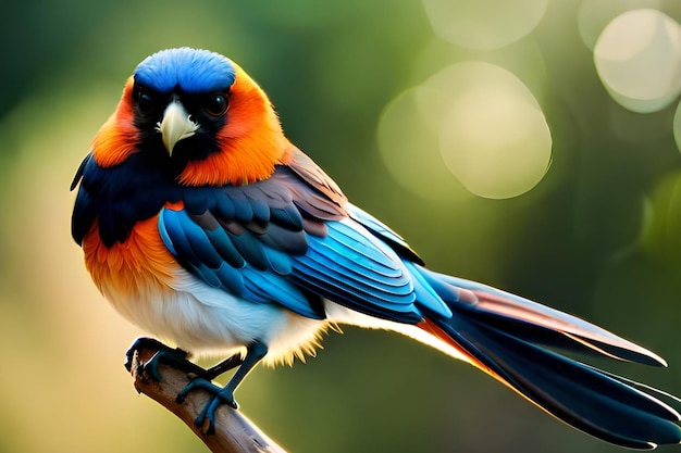Un oiseau avec une tête bleue et des plumes bleues est assis sur une branche.