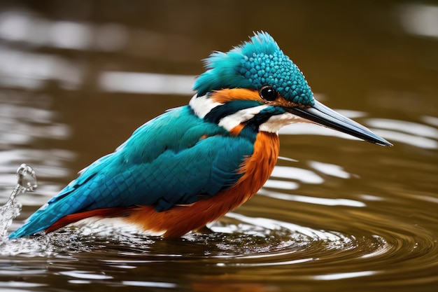 Un oiseau avec une tête bleue et des plumes orange se tient dans l'eau.