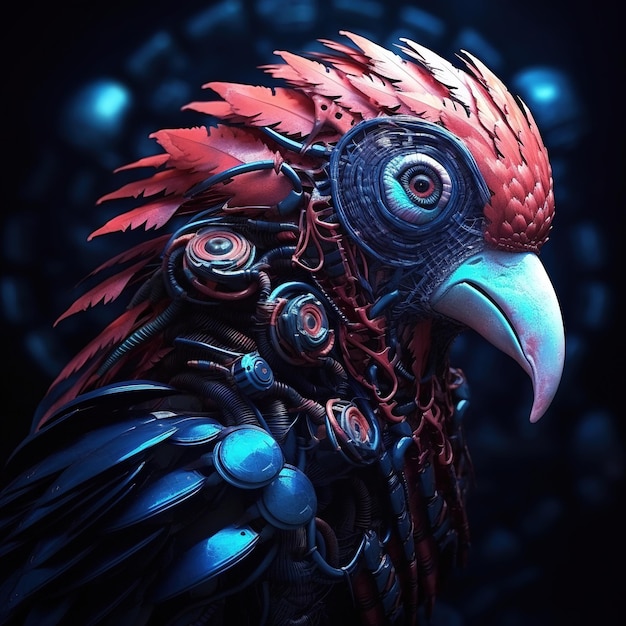 Un oiseau avec une tête bleue et des plumes rouges