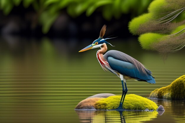 Un oiseau à tête bleue se dresse sur un rocher dans l'eau.