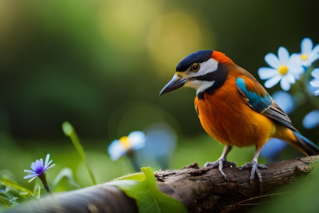 Un oiseau avec une tête bleue et une tête orange est assis sur une branche avec des feuilles vertes et des fleurs en arrière-plan.