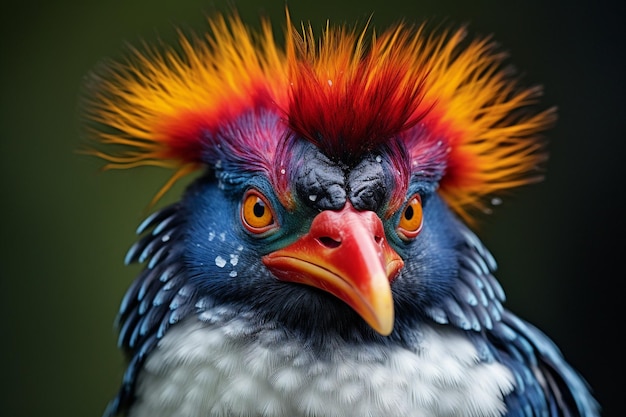 un oiseau avec une tête colorée et des plumes orange et jaune