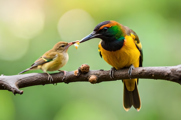 Un oiseau avec une tête jaune et des ailes vertes est assis sur une branche et la nourrit avec une graine dans son bec.