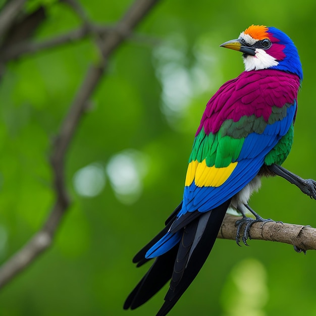 Photo un oiseau à la tête jaune et aux yeux bleus est assis sur une branche de fleurs violettes.