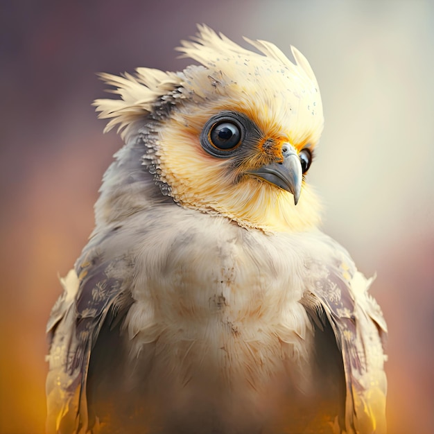 Un oiseau avec une tête jaune et des plumes brunes a un œil bleu.