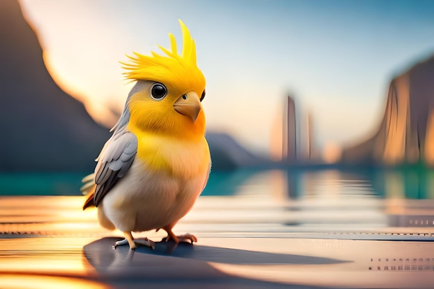 Un oiseau avec une tête jaune et des plumes jaunes se dresse sur une piscine devant un coucher de soleil.