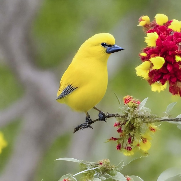 un oiseau avec une tête jaune et des plumes rouges est assis sur un son