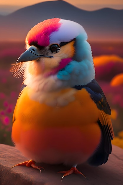 Un oiseau avec une tête rose et bleue et une tête rouge est assis sur un rocher.