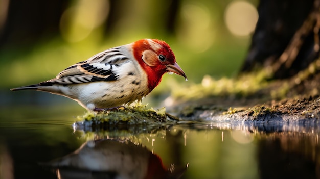 un oiseau à tête rouge et corps blanc debout sur un rocher