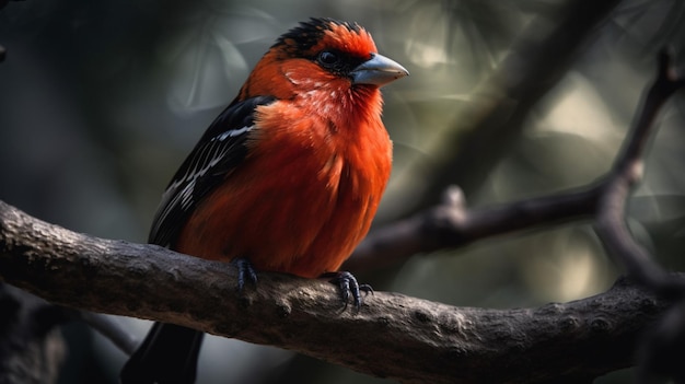 Un oiseau à tête rouge et plumes noires est assis sur une branche.