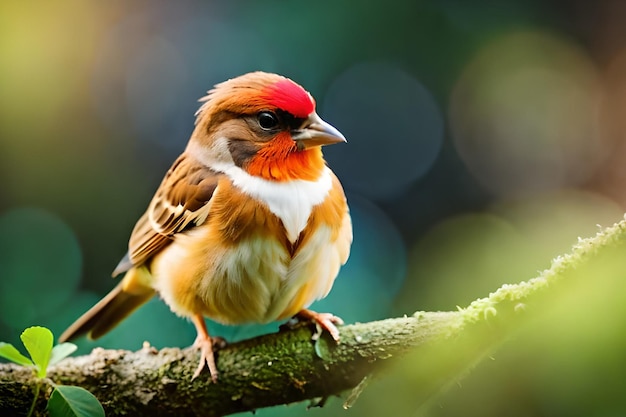 Un oiseau à tête rouge et à tête jaune est assis sur une branche.